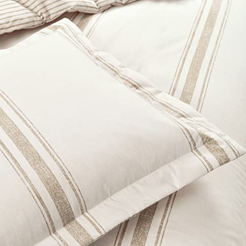 Image of Lush Decor Farmhouse Stripe Reversible Cotton Duvet Cover King Size 3 Piece Set Neutral - Farmhouse Bedding Set King - Striped Duvet Cover