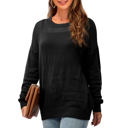 Sanifer Womens Long Sleeve Tops Casual Shirts Lightweight Thin Sweaters Knit Loose Fit Trendy Black Shirts Oversized Slouchy Soft Pullover Sweater Spring L thumb #3