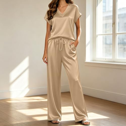 Womens Satin Pajamas Set Silk Loungewear V Neck Top and Pants - image 2