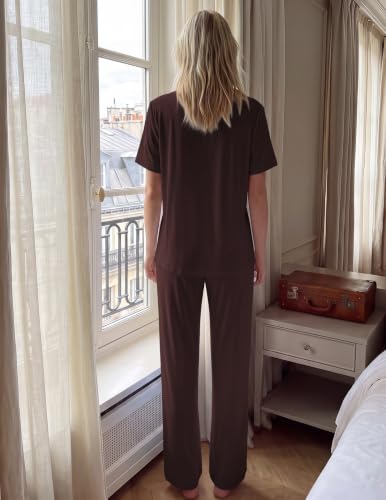 Image of HNG Women Pajamas Set 2 Piece Button Up Pajamas Pant and Short Sleeve Shirt for Woman Pj Sets with Pocket