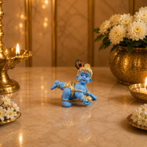Image of Gold Art India 24K Gold Plated Blue Terracotta Laddu Gopal Idol (2.5 Inch) with Premium Velvet Gift Box | Makhan Chor Bal Krishna Murti for Home Temple, Car Dashboard, Office Desk & Spiritual Gift