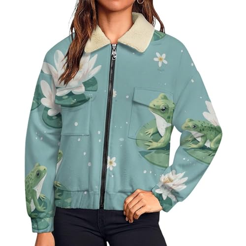 Manteau polaire grenouille avec imprimée lotus élégant veste femme bleu