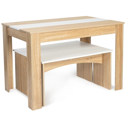 IDMarket ROZY - Juego de mesa de comedor y 2 bancos para 4 personas, aspecto madera de haya y blanco de 110 cm - imagen 5