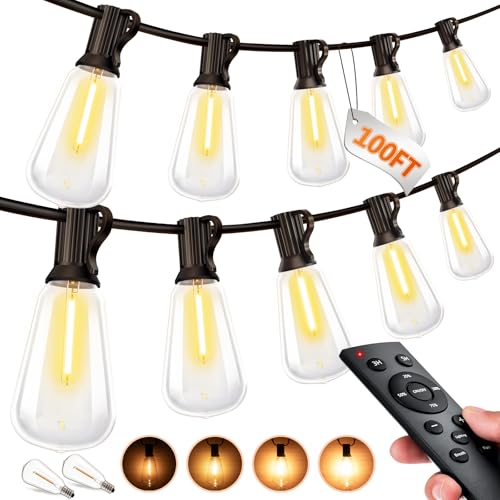 Outdoor String LED Patio Lights - 100Ft 30M Outside Waterproof Light with Remote Dimmable ST38...