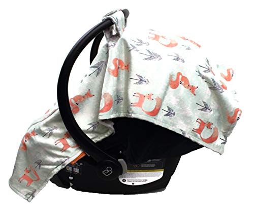 Image of Dear Baby Gear - Baby Car Seat Canopy - Infant Car Seats Covers - Carseat Canopies for Boys and Girls - Toddler Carseat Cover with Snap Opening (Woodland Foxes and Pine Trees, Light Gray 40 inchx30 inch)