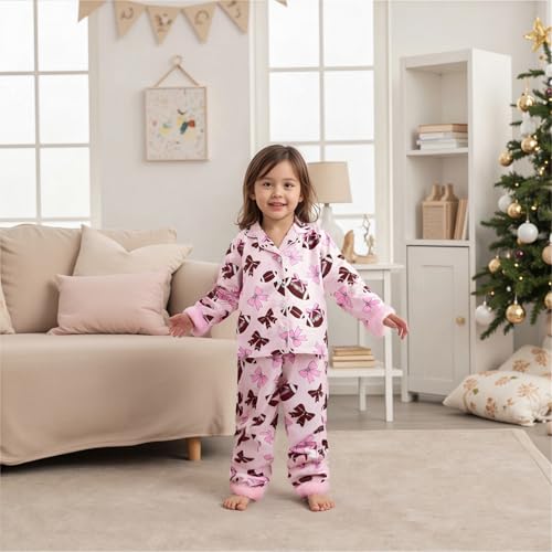 Kuriozud Kids Toddler Girl Christmas Pajamas Fuzzy Trim Long Sleeve Button Down Shirt Top and Pants 2pcs Pjs Sets Sleepwear2