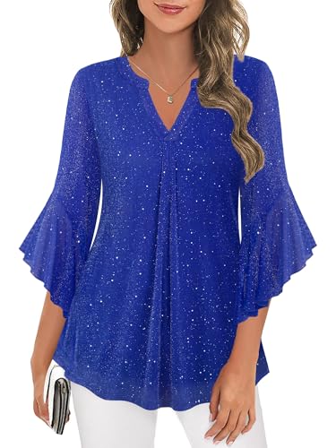 Ninedaily Womens Tops 3/4 Sleeve Dressy Casual Blouses Double Layers V Neck Shirt