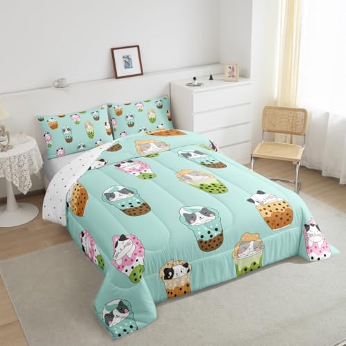 Image of Feelyou Kids Milk Tea Comforter Set Twin Size, Cute Kitten Cat Bedding Set Bubble Tea Comforter Kids Boys Girls Kawaii Duvet Insert Room Decor with 1 Pillow Case