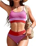AI'MAGE Women's High Waisted Bikini Sets Two Piece Tummy Control Swimsuits 2025 Color Block Sporty Ribbed Bathing Suits, Hot Pink, XL