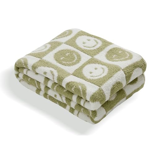 Image of Baby Throw Blankets with Smiley Faces Checkered Reversible Soft Cozy Warm Blanket for Bed Sofa Travel (Grid Smile,Matcha Green,28"x40")