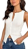 KMBANGI Women Button Down Vest Ribbed Summer Tank Tops Button Up Open Front Shirts Sleeveless Slim Fit Dressy Top(Knit White,S)