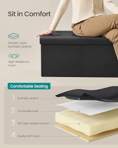 Image of SONGMICS MAZIE Collection - 30 Inches Folding Storage Ottoman Bench, Ottoman with Storage, Foot Rest Stool, Load 660 lb, for Living Room, Synthetic Leather, Black ULSF105