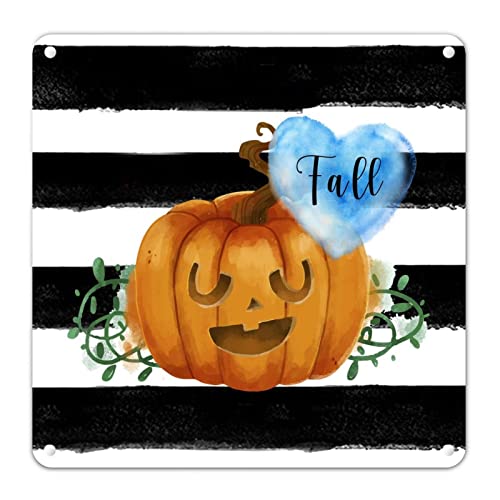 Letrero de metal con diseño de cara de calabaza de otoño de Halloween, con diseño de rayas balck, para decoración de fiesta de vacaciones, para el hogar, cocina, chimenea, manto, pub, 12 x 12 pulgadas