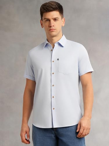 Image of Thomas Scott Men's Premium Slim Fit Casual Shirt | 100% Cotton Twill | Short Sleeves | Spread Collar | Solid Smart Casual Shirt for Men
