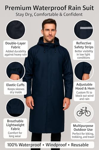 Image of Nephar Classic Men's Waterproof Overcoat with Hood - Wind & Rain Resistant Long Black Raincoat for Bike, Travel & Outdoor (Multisize)