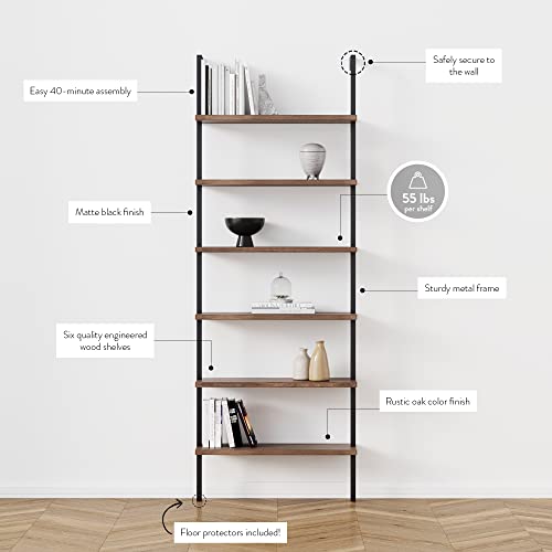 Nathan James Theo 6-Shelf Tall Bookcase, Wall Mount Bookshelf With Reclaimed Wood And Industrial Metal Frame, Oak/Black #TOP3