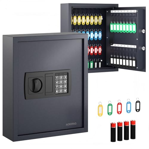 Acropaq Armoire à clés - avec Serrure électronique numérique, pour jusqu'à 48 clés, 48 pendentifs Inclus, Noir - Armoire a Clef Murale, Boite a Clef,...