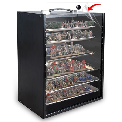 Miniature Display Case with 6 Removable Trays, Wooden Collectibles Storage Box with Clear Lid, Portable Miniatures Organizer for Tabletop Figurines & Models (Black)