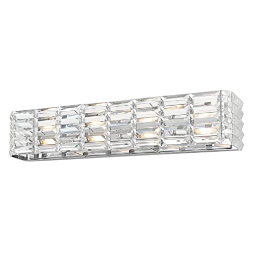 Image of JONATHAN Y 24.25 inch Chrome Modern Crystal Vanity Light, LED Bathroom Wall Sconce, 3-Light Fixture for Mirror, Glam Lighting with Clear Crystal Shade, Art Deco Makeup Wall Lamp (JYL7540A)