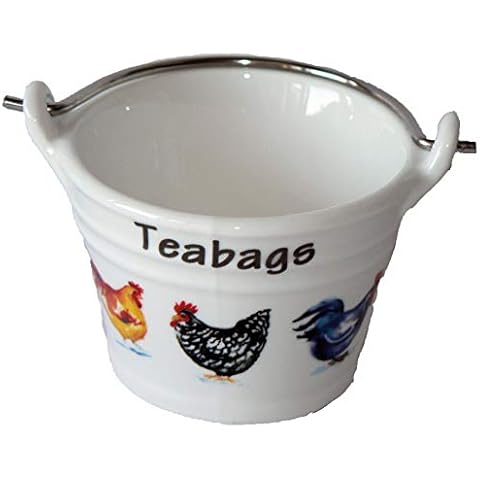 Chicken cockerel Rooster Teabag Tidy, Porcelain Bucket Shaped Teabag Tidy Cover
