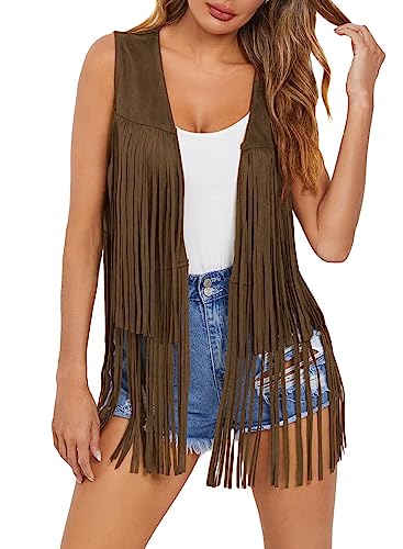 Dokotoo Womens Spring Summer Clothes 70s Hippie Cowgirl Outfits Western Fringe Vest Faux Leather Tassel Jacket Cardigan Party Ladies Outwear Vests Tops Vacation Holiday 2026 Trendy Brown Large