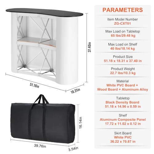 Image of VEVOR Portable Tradeshow Podium Table, 51.18 inch x 18.31 inch x 37.4 inch, Display Exhibition Counter Stand Booth Fair with Wall, Foldable Promotion Retail Bar Table Pop Up Podium with Storage Rack, Carrying Bag