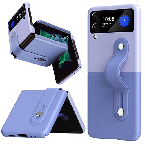 Miimall Compatible Samsung Galaxy Z Flip 3 Kickstand Case with Strap, Folding Shockproof Protective Bumper Adjustable Wristband Kickstand Back Cover Case for Galaxy Z Flip 3(Deep Purple+Light Purple)