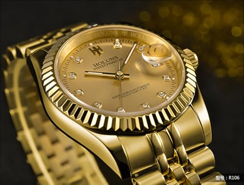 HOLUNS Mens Full Gold Watch Automatic Mechanical Gilded Steel Self-Wind Sapphire Glass Dress Waterproof Watch (Gold) by HOLUNS - Used condition - Image 4