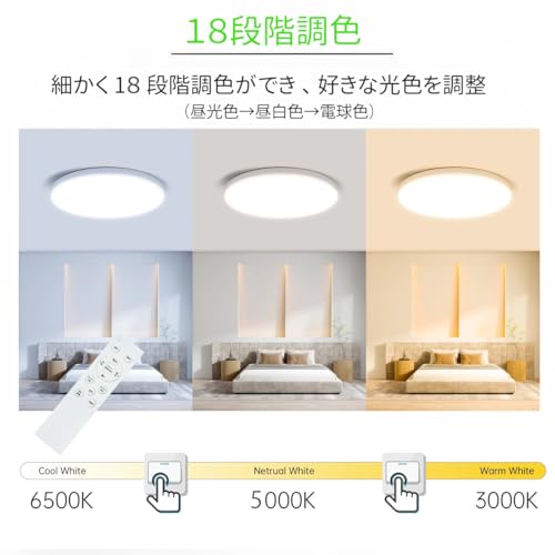 LEDシーリングライト 6畳対応 リモコン付き 18段階調光調色 常夜灯付き タイマー機能付 薄型 軽量 天井直付型 和室 洋室 寝室 天井照明 工事不要 ホワイトカバー