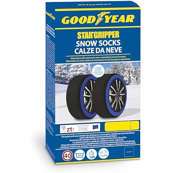 Goodyear Calze da Neve Star Gripper Omologate Italia EN 16662-1 2020 Due Catene da Neve in Tessuto per Auto Snow Sock Taglia L per R14 - R20 Misure per Pneumatici Dettagliate all Interno