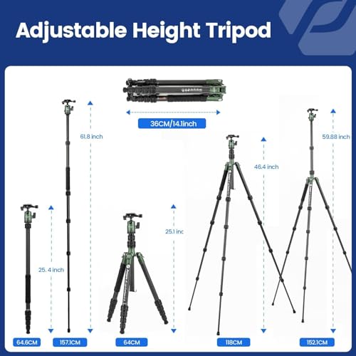 Image of Fotopro 60 inch Carbon Fiber Camera Travel Tripod, 2lbs Super Lightweight Compact Tripod with 360 Metal Ball Head, Detachable Monopod, with Arca QR Plate & Bag, Load up to 8KG /17.63lbs, for SLR DSLR