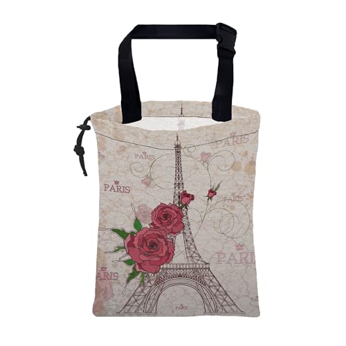 Image of Car Trash Bag Pink Eiffel Tower and Roses Leak-Proof Waterproof Car Garbage Bag with Drawstring Foldable Canvas Trash Bin with Adjustable Buckle for Car Accessories, Travelling, Camping