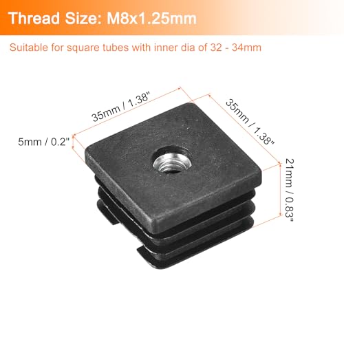 Image of uxcell 6Pcs Inserts for Square Tubes with M8-1.25mm Thread, for 1.38 inchx1.38 inch OD Square Tube, Black Plastic Plug Caster Insert Chair End Caps Furniture