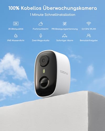 COOAU 2K WiFi6 Überwachungskamera Aussen | Innen Akku WLAN Kabellos Wiederaufladbare IP Kamera mit PIR-Bewegungserkennung, Lange Zeit Standby mit Nachtsicht in Farbe und 2 Wege Audio, IP65