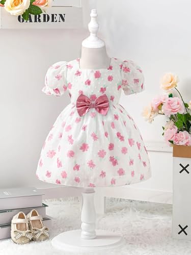 Image of Buy & Try Girls Silk Party Dress, Floral Printed Knee Length Frock with Short Sleeves, Comfortable Fit & Zipper Closure, Elegant Birthday, Wedding, Festival & Special Occasion Wear for Kids