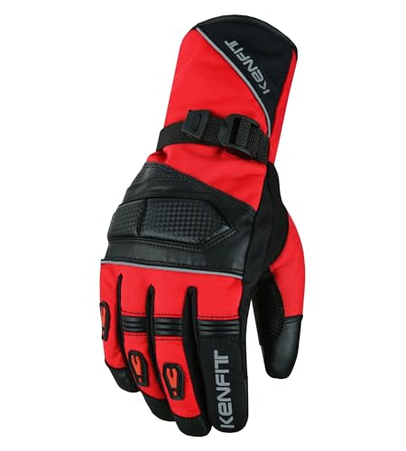 Kenfit Red Waterproof Biker Gloves – Carbon Armoured Cordura, Thermal Lined Cowhide Grip, Touchscreen, All-Weather Motorcycle Riding Gear