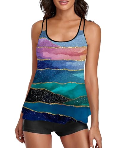 Image of Urchics 2026 Women Two Piece Tankini Swimsuit Tummy Control Plus Size Long Torso Top and High Waisted Boyshorts Bathing Suits