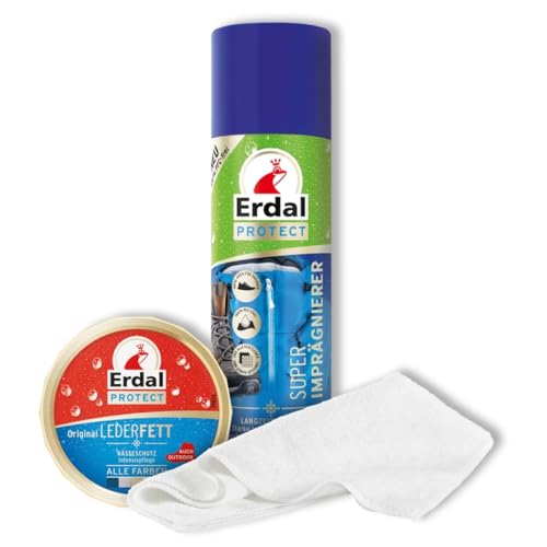 Erdal Outdoor-Set, reichhaltige Schuhpflege & Nässeschutz, Waterproof, Waterprotect, 3-teilig mit Original Lederfett, Super Imprägnierer & Mikrofasertuch, für Arbeitsschuhe, Wanderschuhe, Lederschuhe
