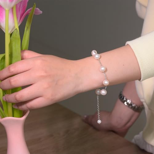 JFUME Pearl Bracelets for Women 925 Sterling Silver Rhodium Plated with 8-9mm White Cultured Freshwater Pearl Bracelet 7.5inches Adjustable3