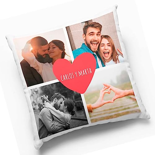Genérico Cojín Personalizado 4 Fotos y Nombres Corazón Rojo Regalo Pareja Novio Novia Almohada Personalizada (35 x 35)