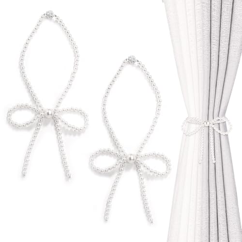 2pcs Bow Magnetic Curtain Tiebacks, White Pearl Curtain Tie Backs Magnet Curtain Tiebacks Holders Elegant Curtain Holdbacks for Draperies Home Hotel Curtain Accessory Decoration