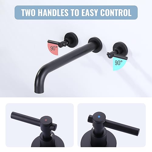 Aleasha AL-4E26B Wall Mount Tub Filler Faucet: Aleasha Matte Black Wall Mounted Tub Faucet, Solid Brass Tub Faucet, High Flow Wall-Mount Bathroom Faucet With 12-In Long Spout, Bathtub Double Handles Spout Faucet thumb #3