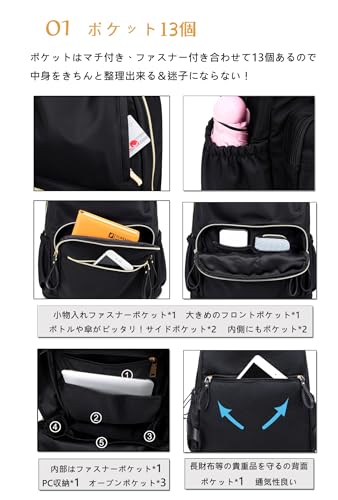 PAOIXEEL リュック レディース 大容量 A4 PC 通勤 通学 マザーズバック 防水 13ポケット 盗難防止 軽量 デイパック アウトドア 可愛い オシャレ 背面ポケット 旅行 リュックサック マザーズリュック の商品画像 2