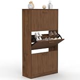 IDMarket   Meuble à Chaussures 18 Paires Juliette 3 Portes Lattes tasseau Bois Coloris Noyer