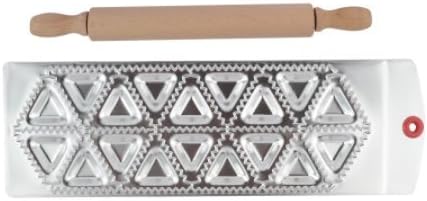Genetek 18 Triangle 2.3 in Kitchen Ravioli Maker in Aluminum Alloy Makes 18 Perfect Cuts with Mini Wooden Rolling Pin Included. Great for Pasta, Dumpling, Pelmeni, Pierogi, Kreplach, and More!