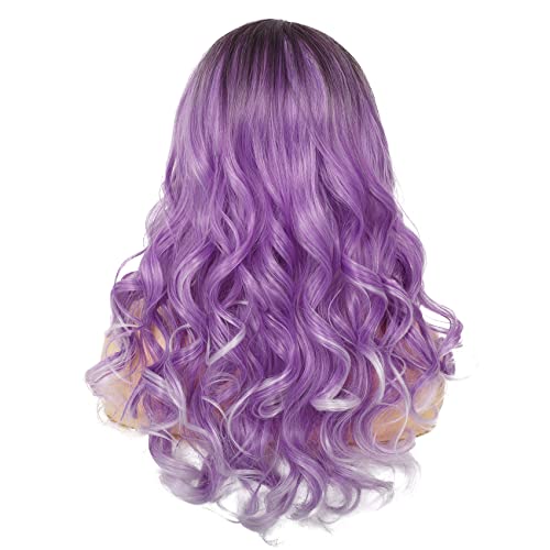 Amnenl Long Wave Ombre Purple Lace Front Wigs With Dark Roots Long Purple Wavy Wig With Highlights L Part Deep Parting Brown Synthetic Wig #TOP5