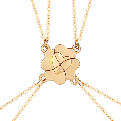 BFF Best Friend Four Leaf Clover Necklace Best Friend Sister 4 Pcs Gold Silver Heart Pendant Bestie Friendship Long Distance Necklace for Women Friends
