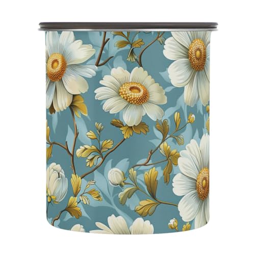 tplaotee Contenedores de almacenamiento herméticos de acero inoxidable con diseño de flores de manzanilla, color blanco, verde azulado, azul, 900 ml, organizador de despensa, con botón pulsador