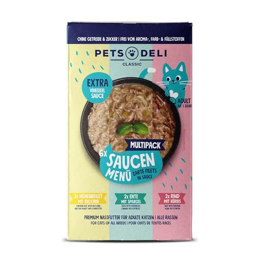 Pets Deli Getreidefreies Nassfutter Multipack Saucen Menü Huhn, Rind, Ente für Katzen 6 x 70g