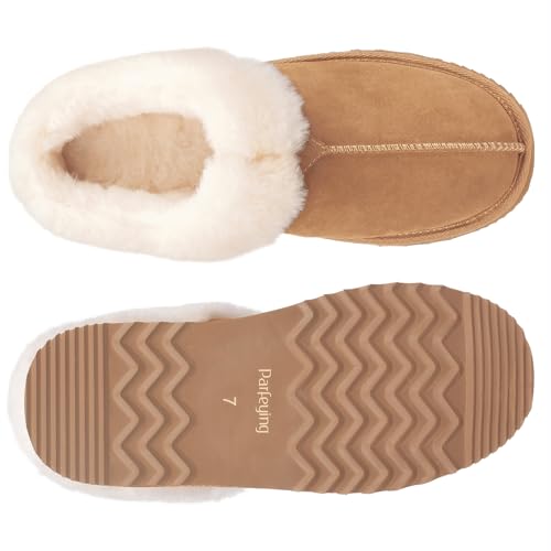 Parfeying Women's Slip on House Slippers, Real Wool from Sheep, Anti-slip Rubber Sole Warm Indoor Outdoor Slippers for Women3